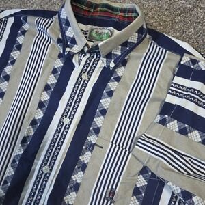 Siegfried Mens Large Short Sleeve Button Down Shirt Navy Argyle Striped Cotton